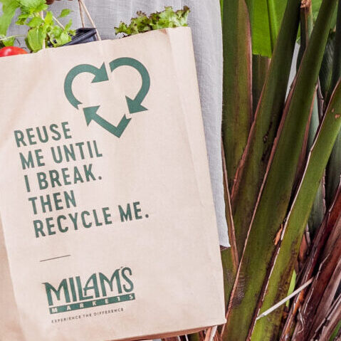 A brown paper grocery bag with green text that says, Reuse me until I break. Then recycle me. The bag, from Milam’s Markets and filled with groceries, sits beside a large green plant—perfect for your next Order Online delivery.