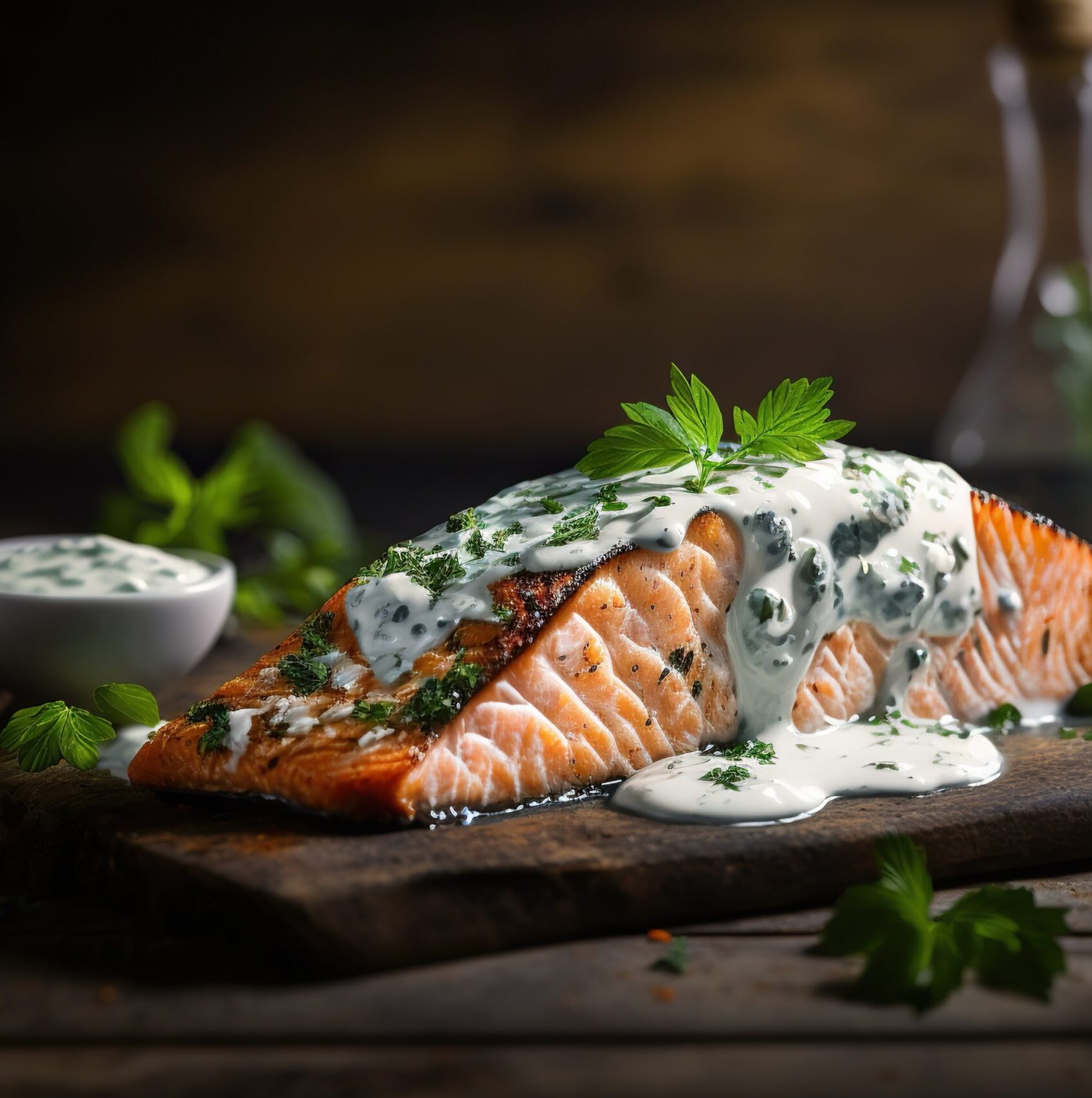 A grilled balsamic salmon fillet sits on a wooden board, topped with creamy herb sauce and garnished with fresh parsley. A small bowl of extra sauce and roasted vegetables are in the background.