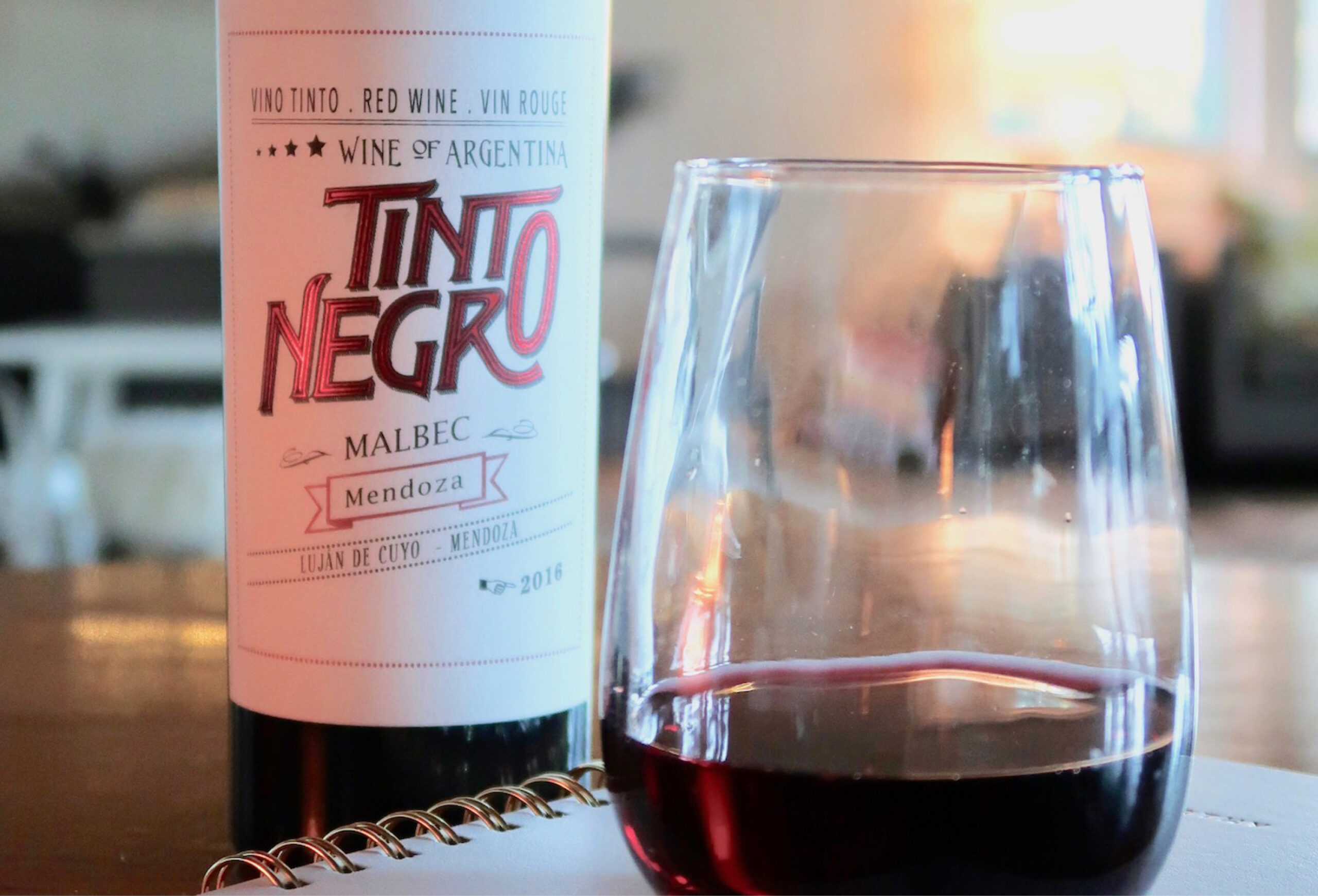 A glass of red wine sits on a table next to a bottle labeled Tinto Negro Malbec Mendoza, with soft light in the background.