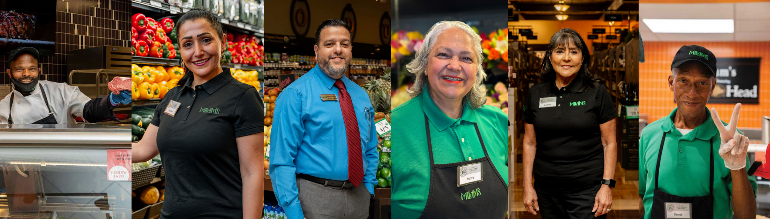 A diverse group of five grocery store employees, smiling and wearing work uniforms, stand in different sections of a supermarket including produce, deli, and bakery areas.